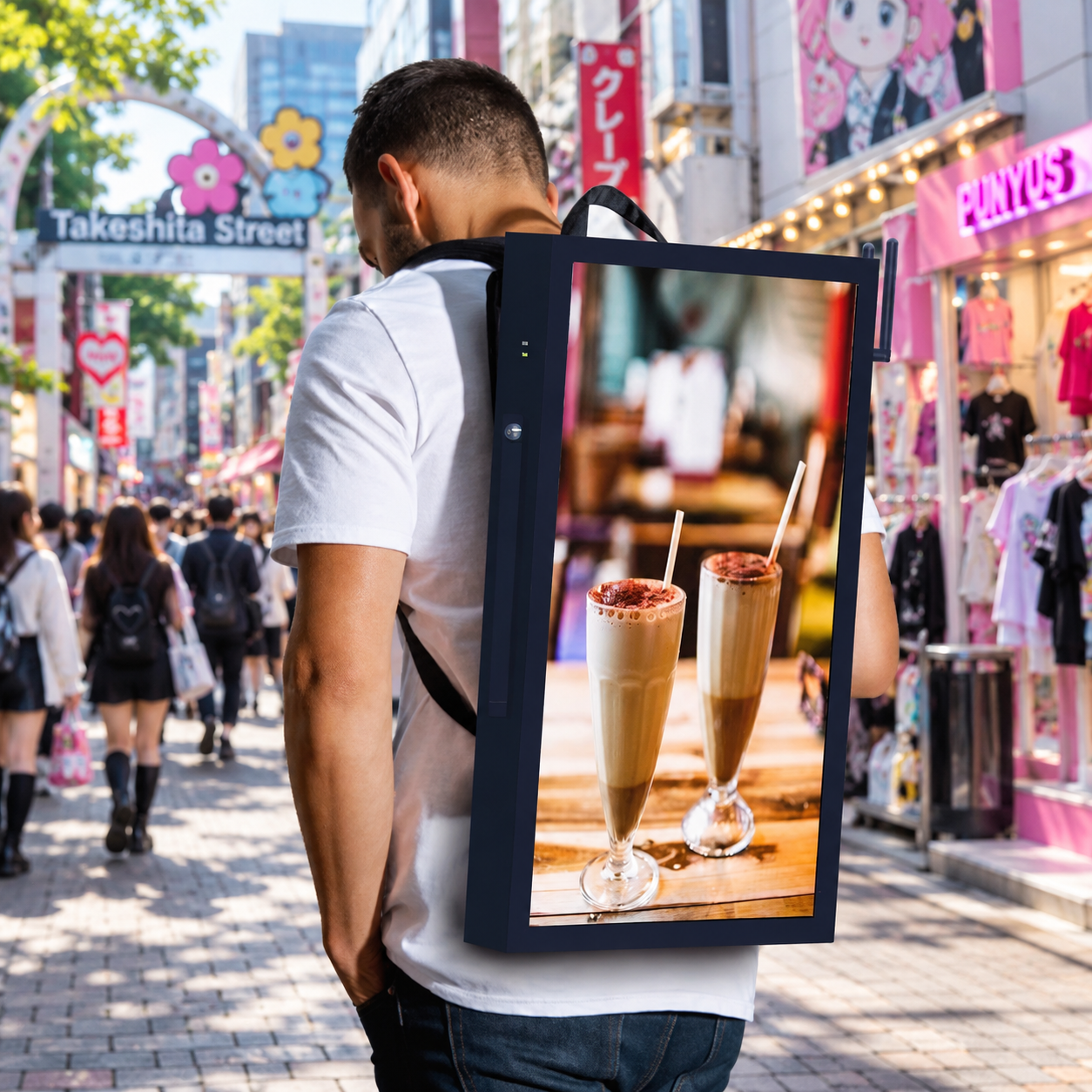 背負って移動できる大型デジタルディスプレイを使用したモバイルプロモーション